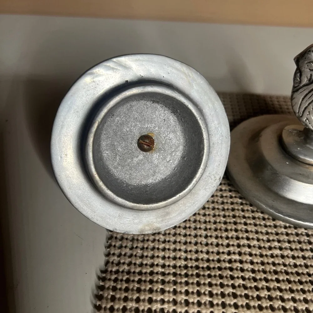 Vintage Farmhouse Cast Metal Rooster Pot Lid Knobs Silver Tone Finials Set of 2